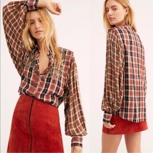 FREE PEOPLE SNOWTOP MOUNTAINS BROWN PLAID TWO TONE BUTTON DOWN SHIRT XS ORANGE